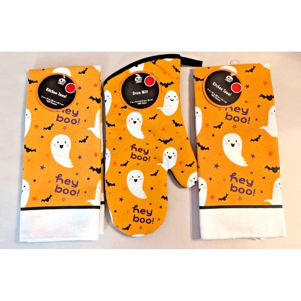 Hey Boo Kitchen Towels Oven Mitt Ghosts Bats Orange White Black 3-pc Polyester
